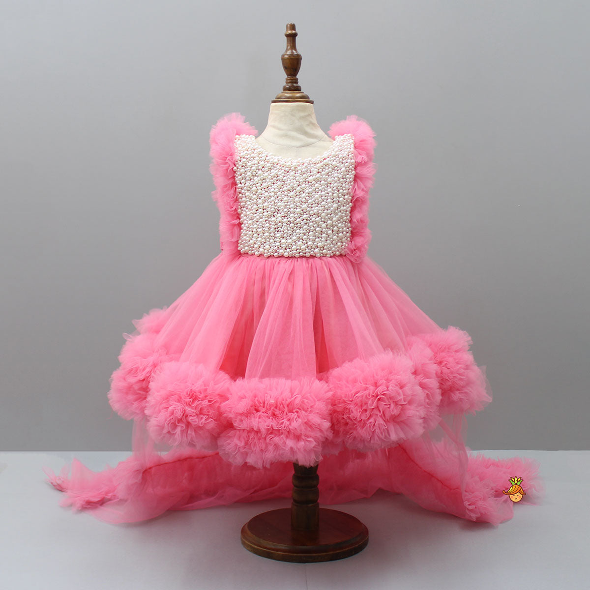 Embroidered Yoke Ruffle Hem Pink Dress With Detachable Trail And Matching Hair Clip