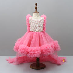 Pre Order: Embroidered Yoke Ruffle Hem Pink Dress With Detachable Trail And Matching Hair Clip