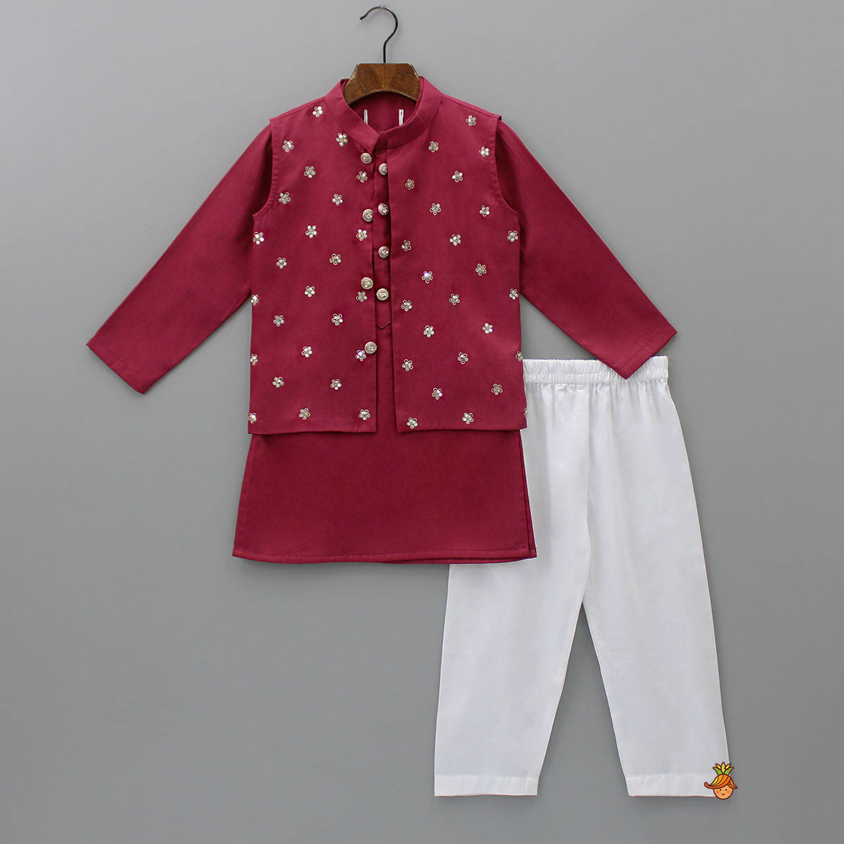 Pre Order: Maroon Ethnic Kurta With Floral Sequins Embroidered Jacket And Pyjama