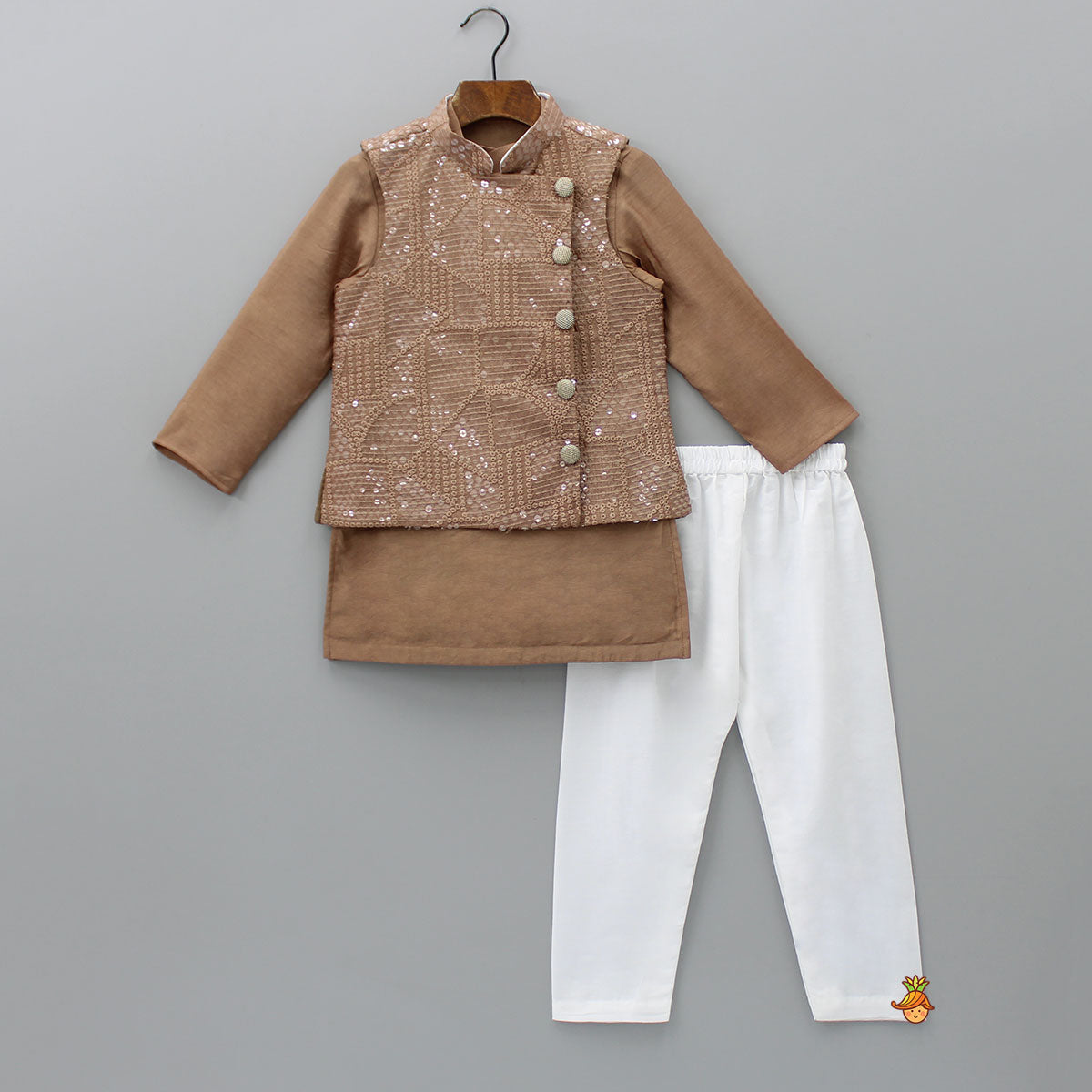Pre Order: Brown Ethnic Kurta With Embroidered Jacket And Pyjama