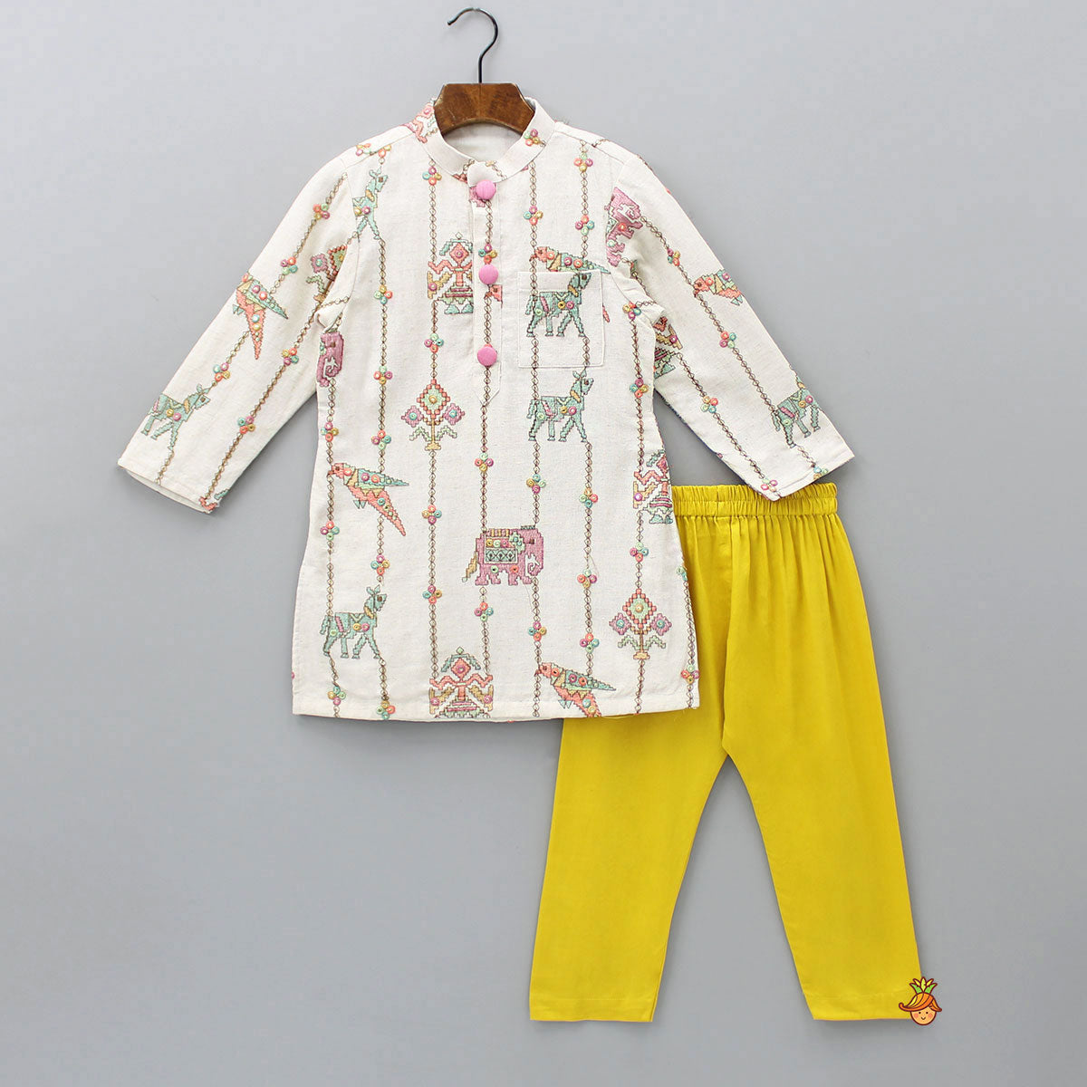 Patch Pocket Detail Embroidered Kurta And Mustard Pyjama