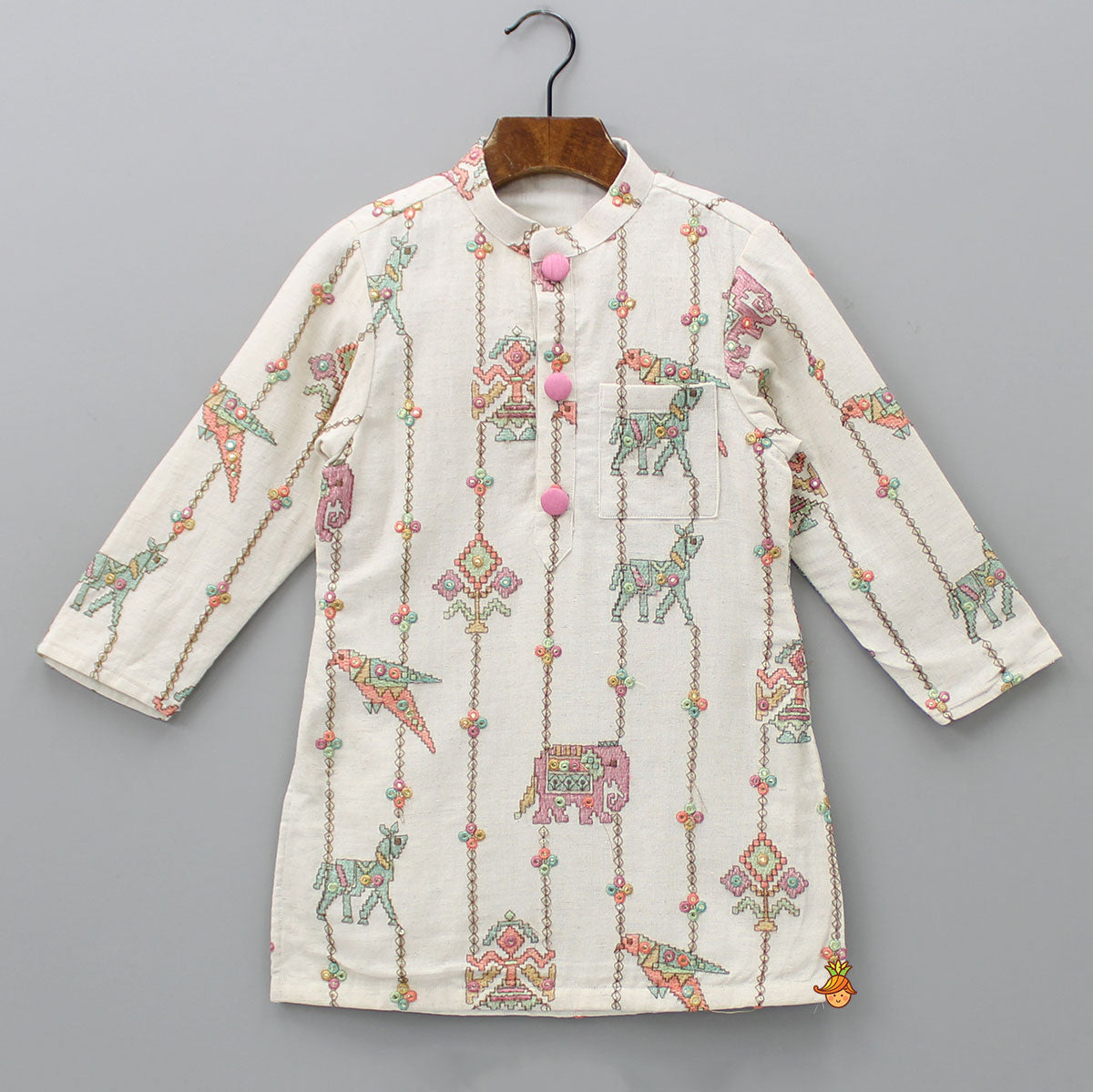 Pre Order: Patch Pocket Detail Embroidered Kurta And Mustard Pyjama