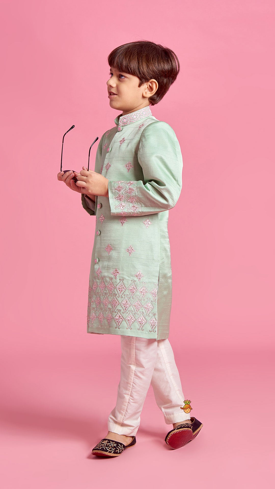 Green Zari And Thread Embroidered Sherwani With Pyjama