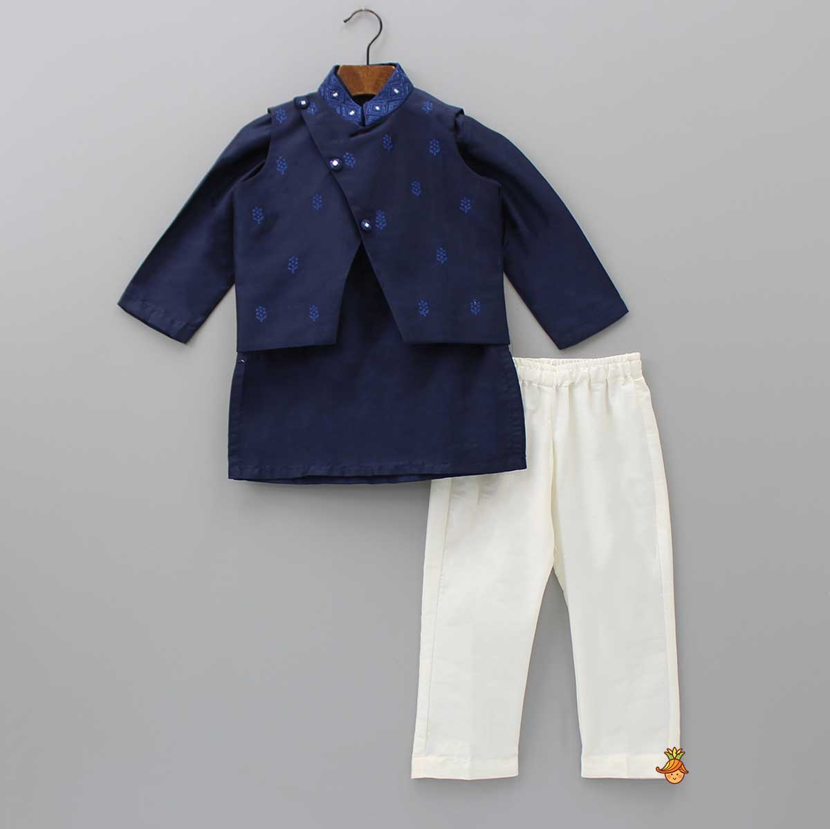 Blue Kurta With Diagonal Button Detail Jacket And Pyjama