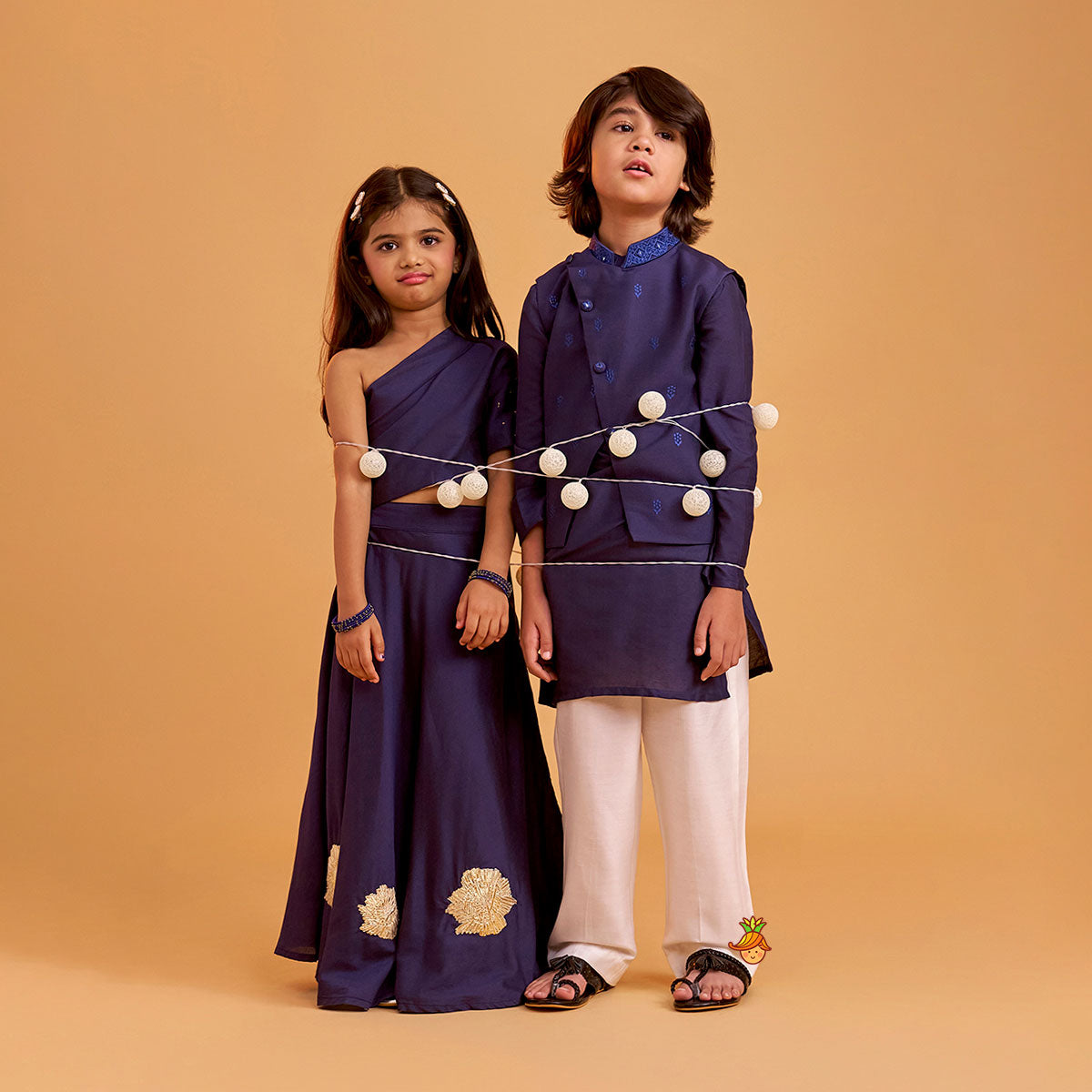 Ethnic Kurta With Diagonal Button Detail Jacket And Pyjama twinning model image 1