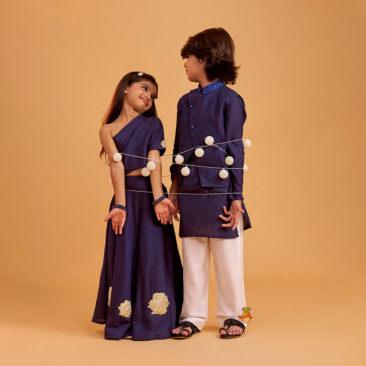 Ethnic Kurta With Diagonal Button Detail Jacket And Pyjama twinning model image 2