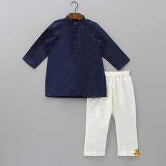 Pre Order: Blue Kurta With Diagonal Button Detail Jacket And Pyjama