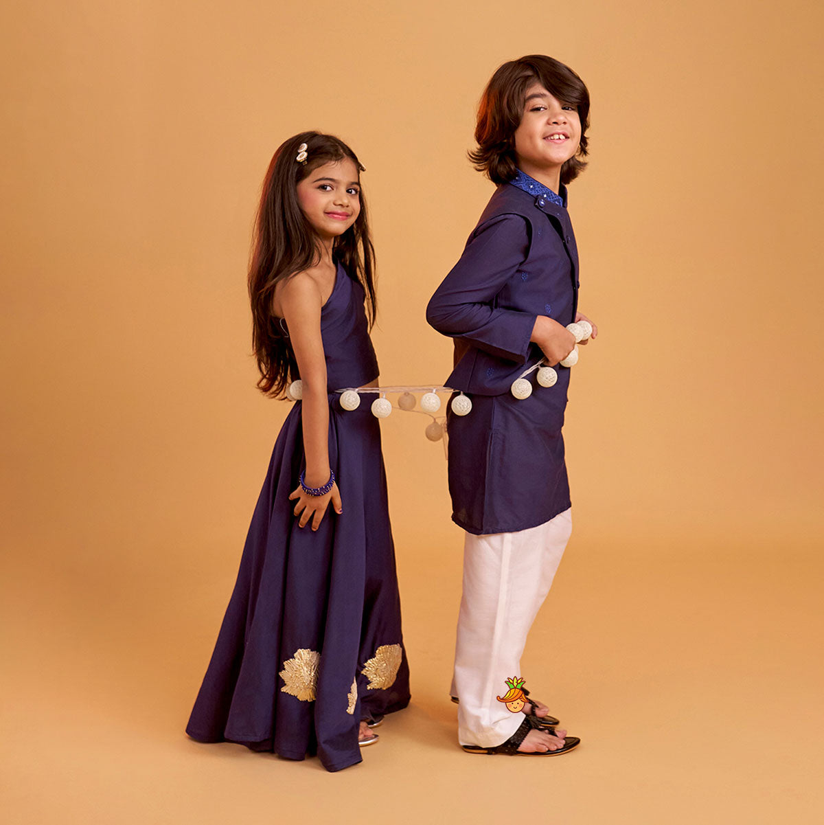 Ethnic Kurta With Diagonal Button Detail Jacket And Pyjama twinning model image 3