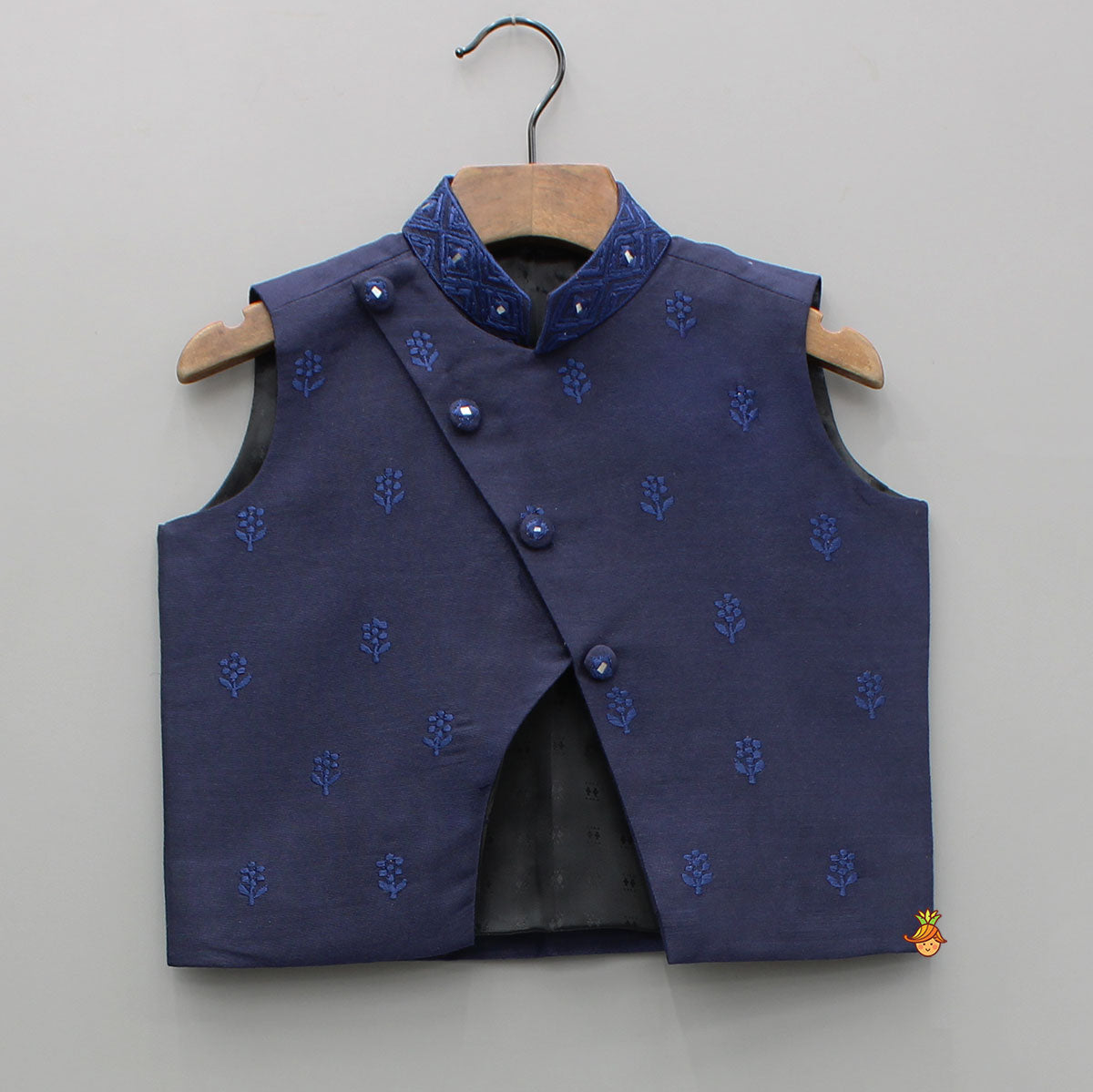 Blue Kurta With Diagonal Button Detail Jacket And Pyjama