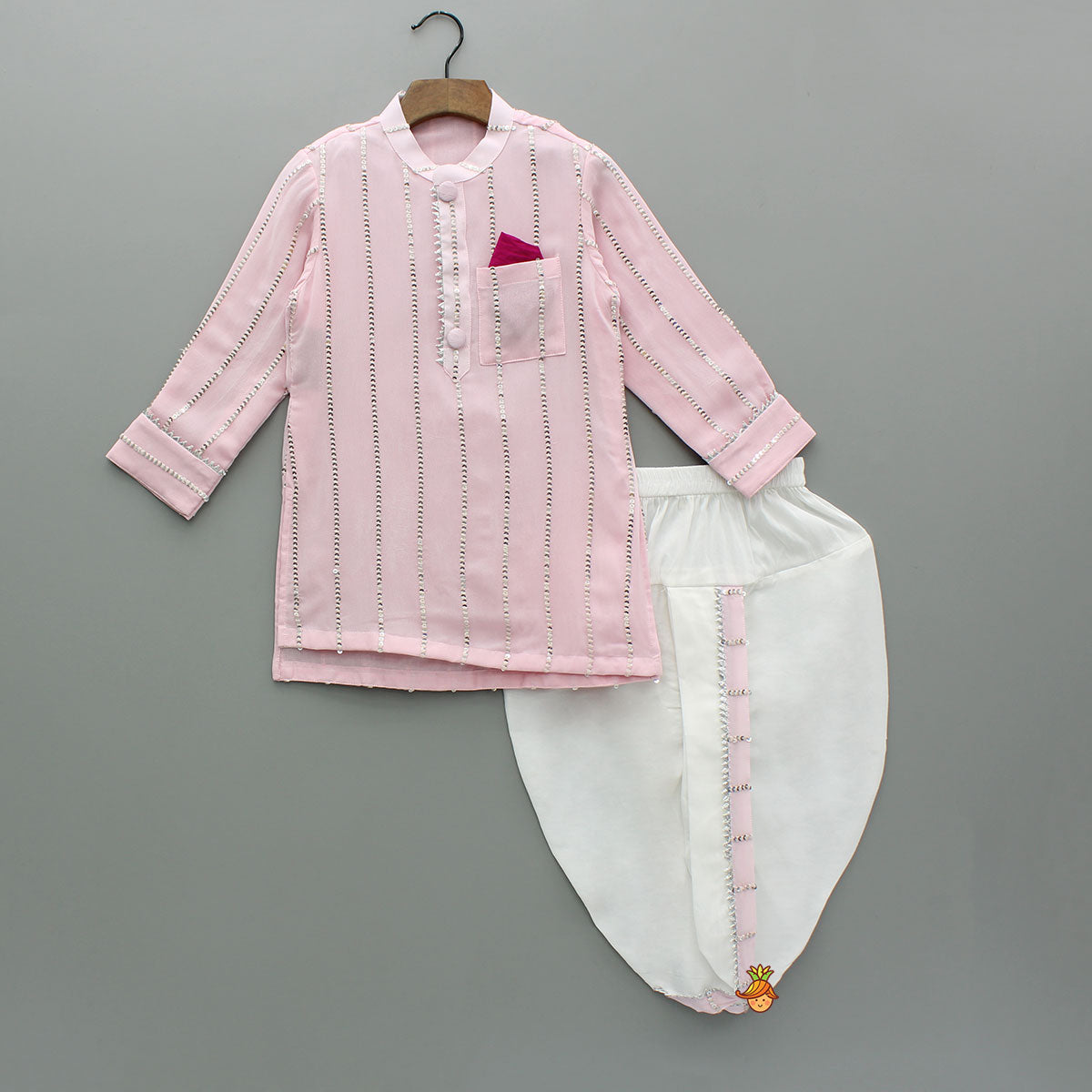 Asymmetric Sequin And Threadwork Kurta With Dhoti