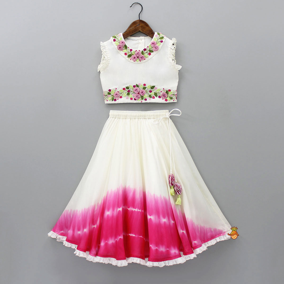 Ruffle Armhole Off-White Floral Top And Dual-Tone Lehenga