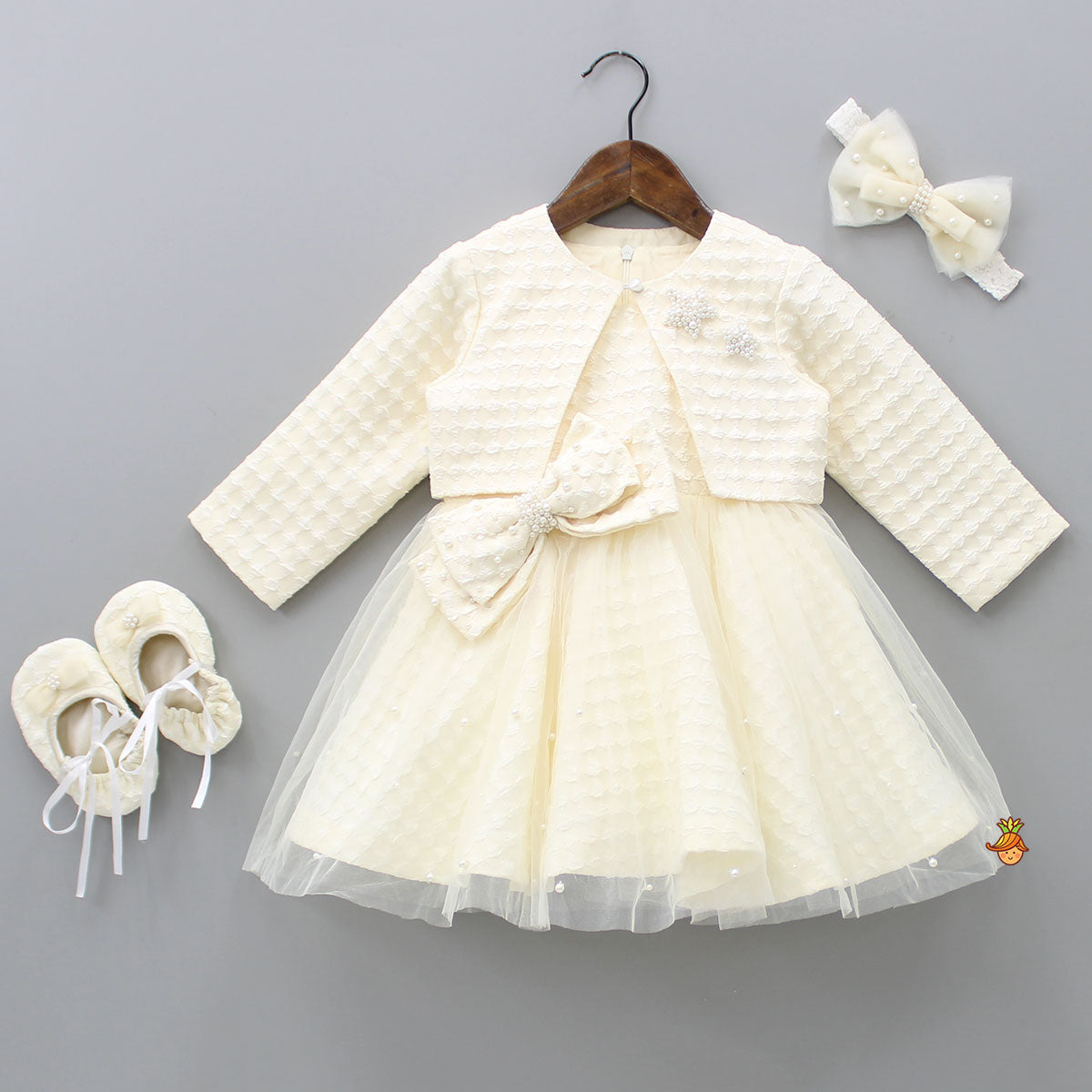 Pre Order: Beautiful Cream Bowie Dress With Jacket And Matching Head Band With Booties