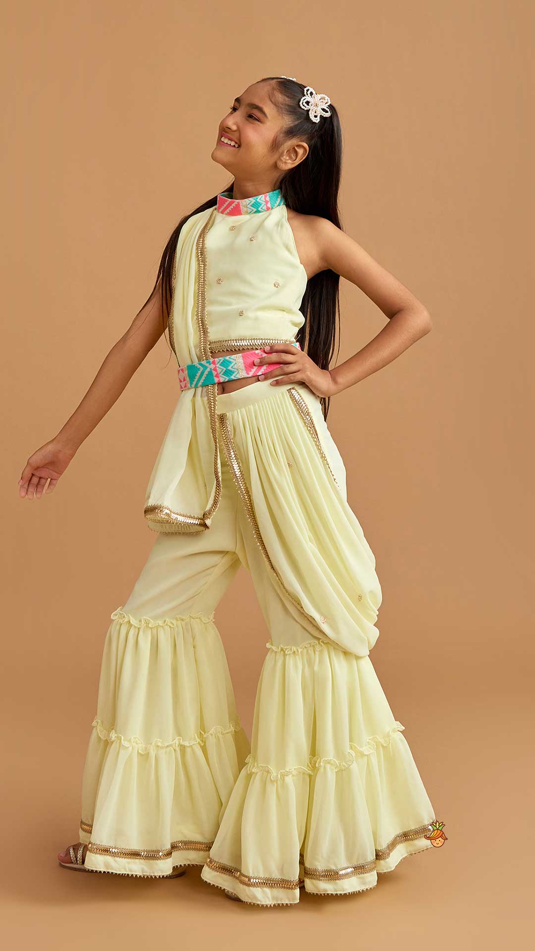 Halter Neck Yellow Top And Sharara With Attached Dupatta And Waist Belt