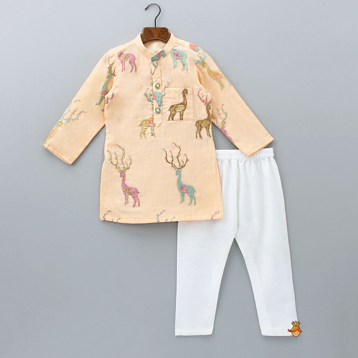 Patch Pocket Detail Embroidered Peach Kurta And Off White Pyjama