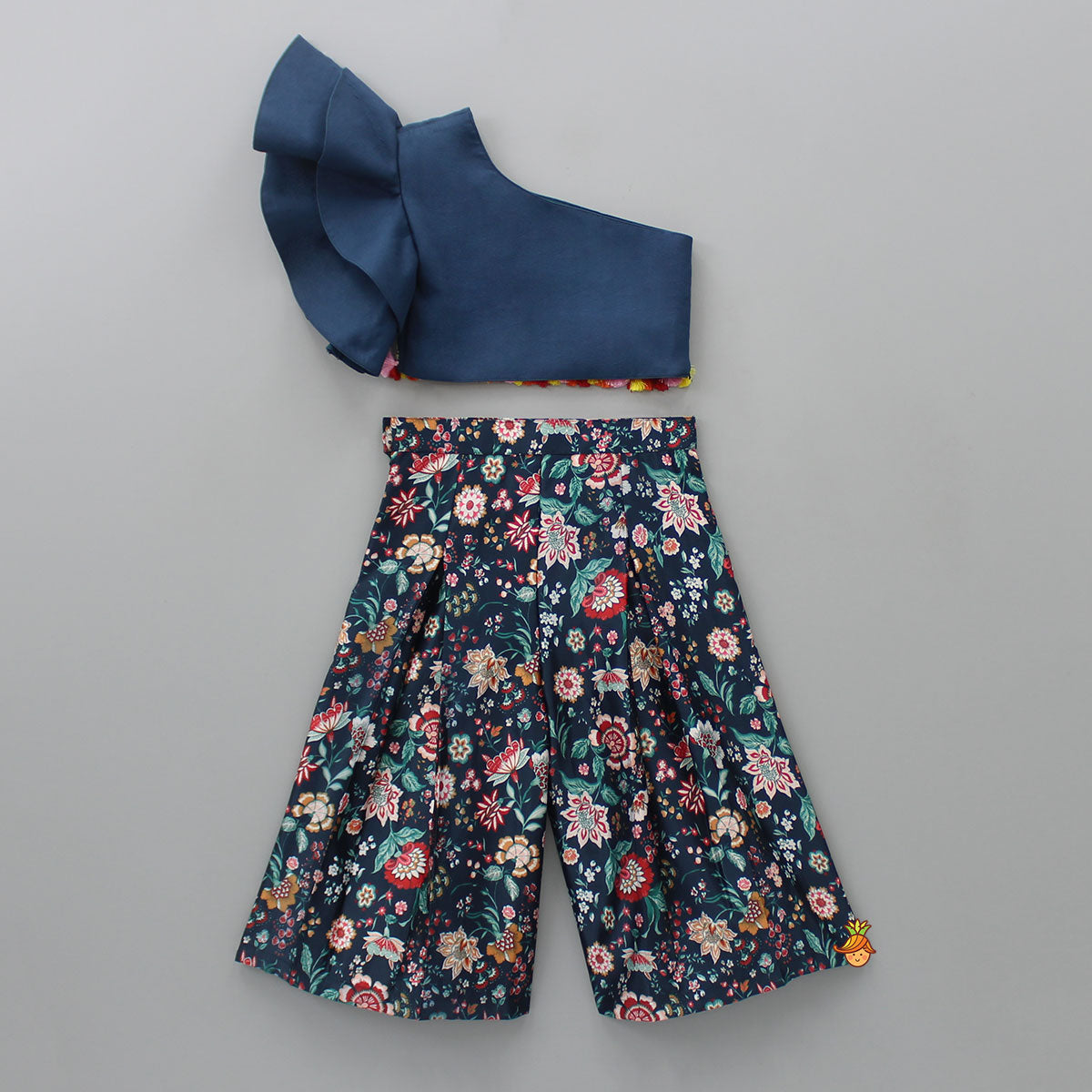 Blue One Shoulder Top And Box Pleated Floral Palazzo