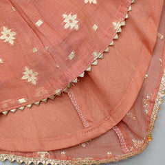Pre Order: Chanderi Embroidered Coral Pink Strappy Top And Lehenga