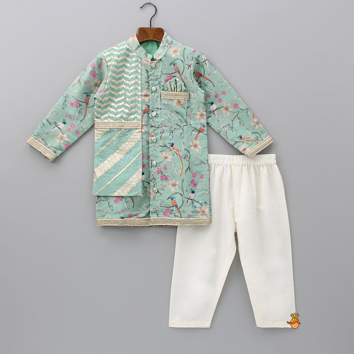 Flap Green Ethnic Kurta And Off White Pyjama