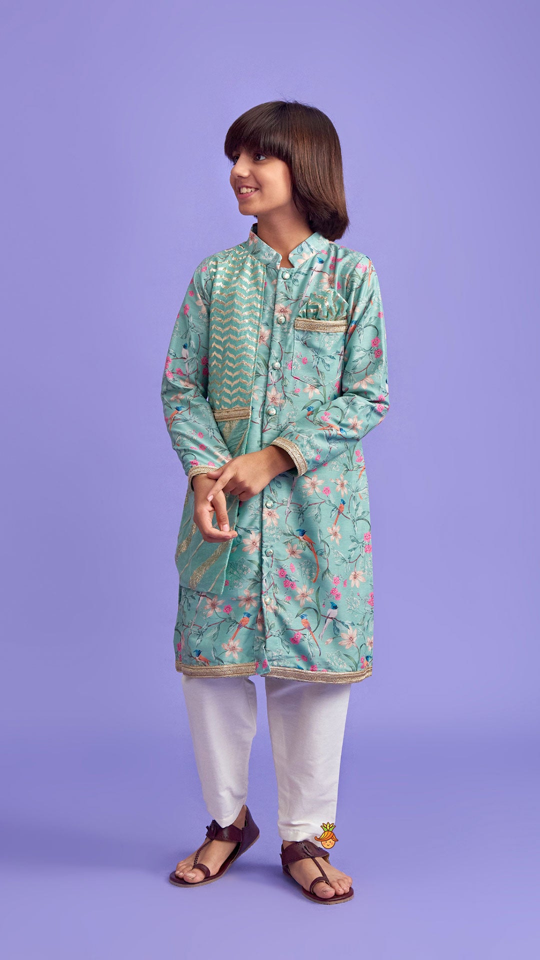 Flap Green Ethnic Kurta And Off White Pyjama