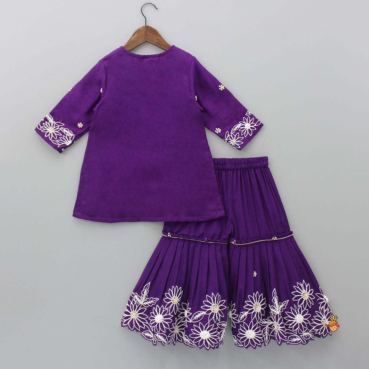 Pre Order: Purple Front Placket Kurti And Pleated Sharara With Net Dupatta