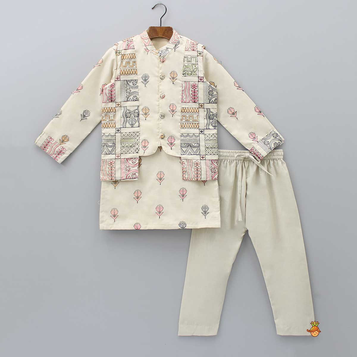 Beige Mandarin Collar Kurta With Stylish Cut Out Jacket And Pyjama