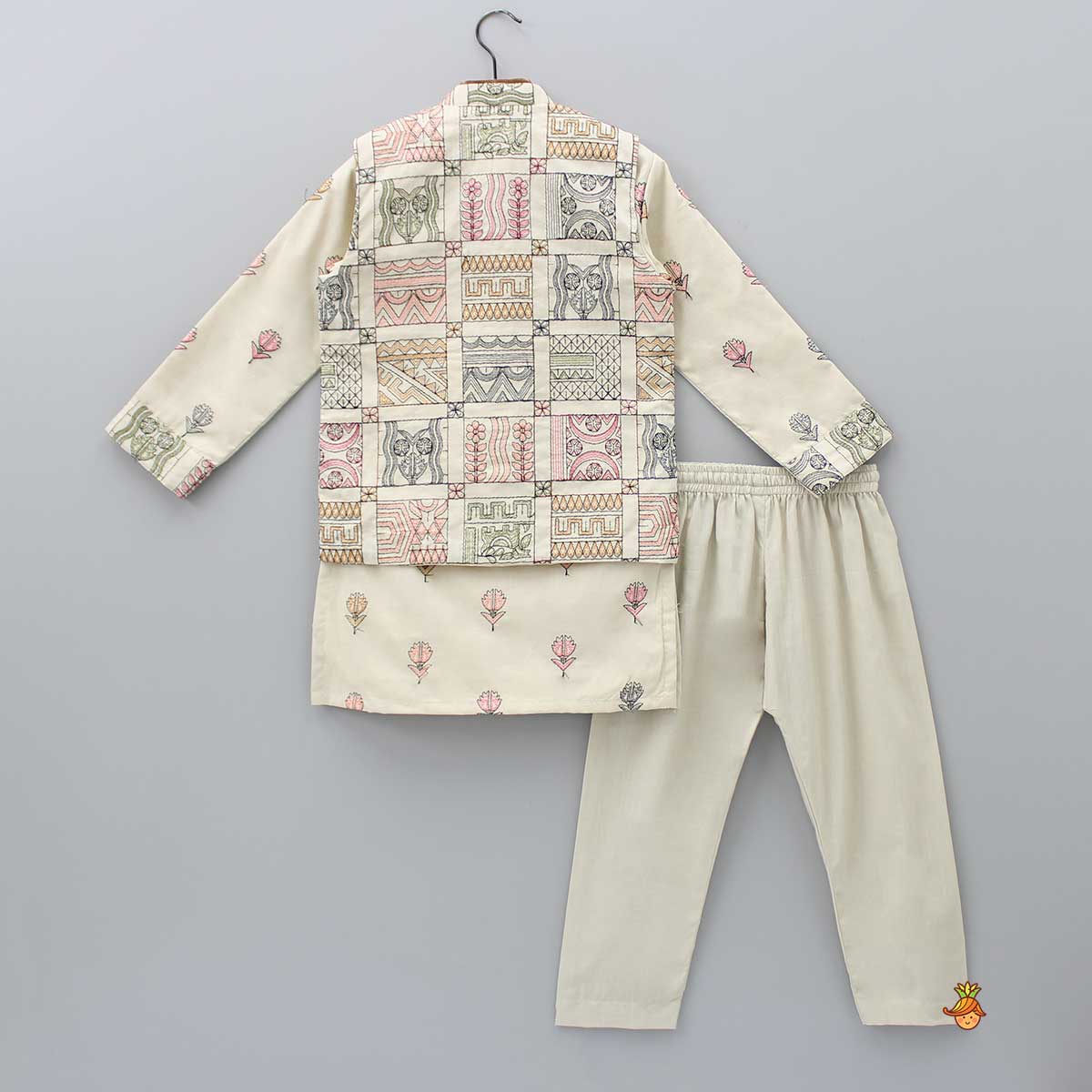 Beige Mandarin Collar Kurta With Stylish Cut Out Jacket And Pyjama