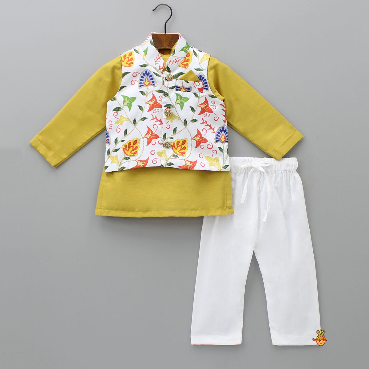 Pre Order: Mustard Kurta With Printed Multicolour Jacket And Pyjama