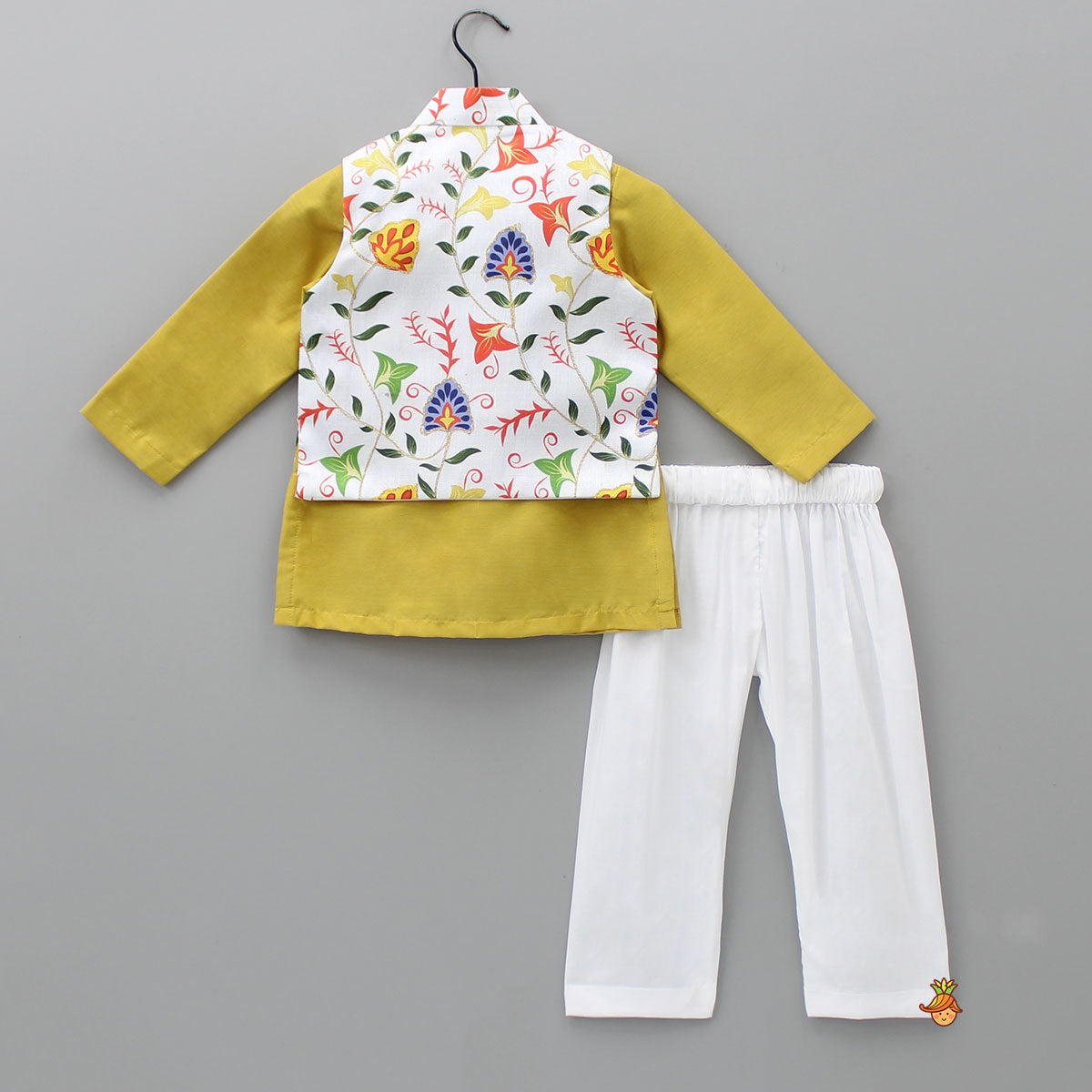 Mustard Kurta With Printed Multicolour Jacket And Pyjama