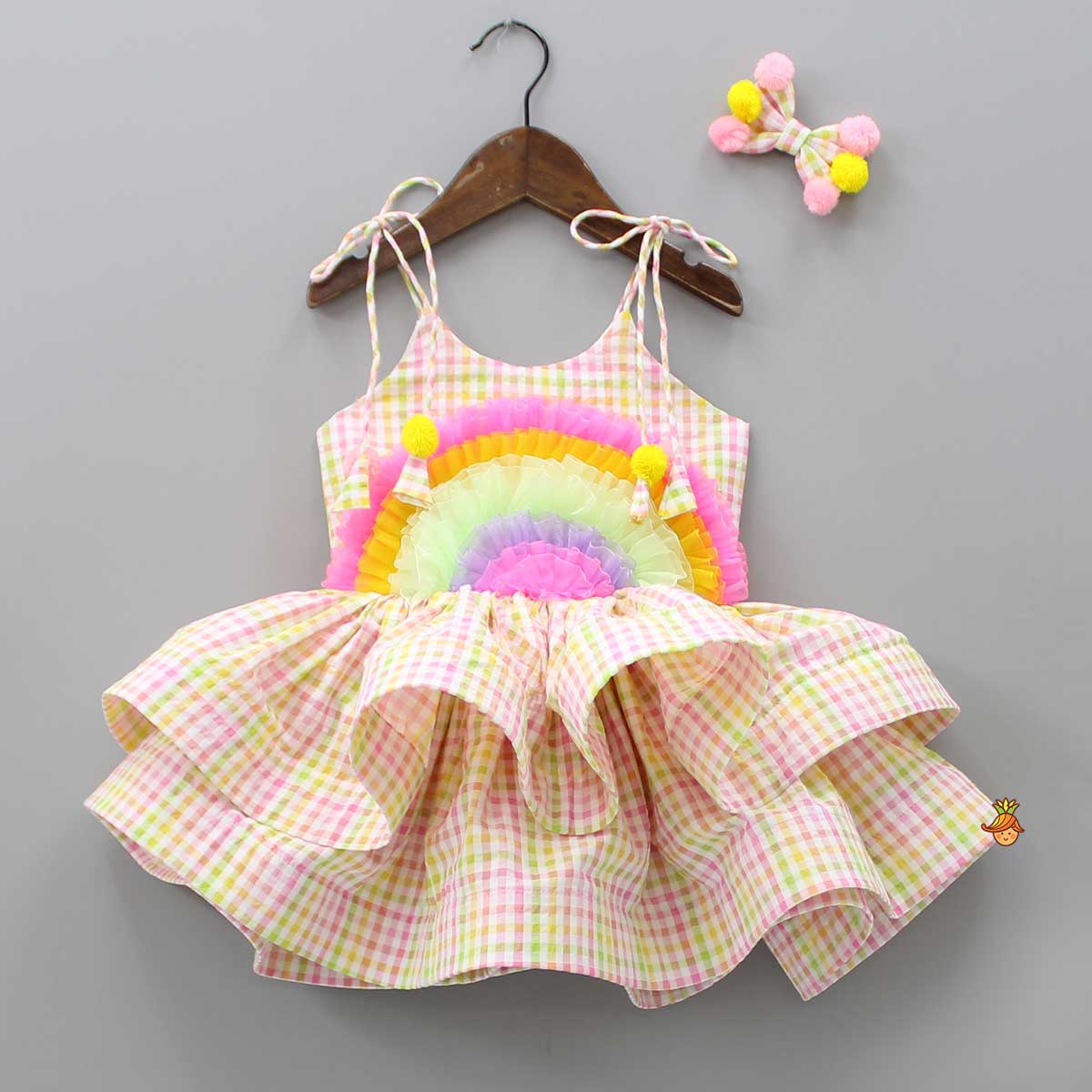 Multicolour Checks Strappy Dress With Matching Bow Hairclip