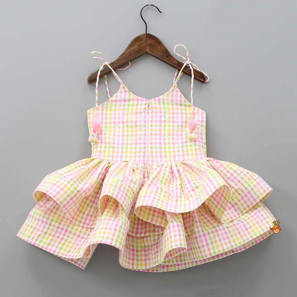 Multicolour Checks Strappy Dress With Matching Bow Hairclip