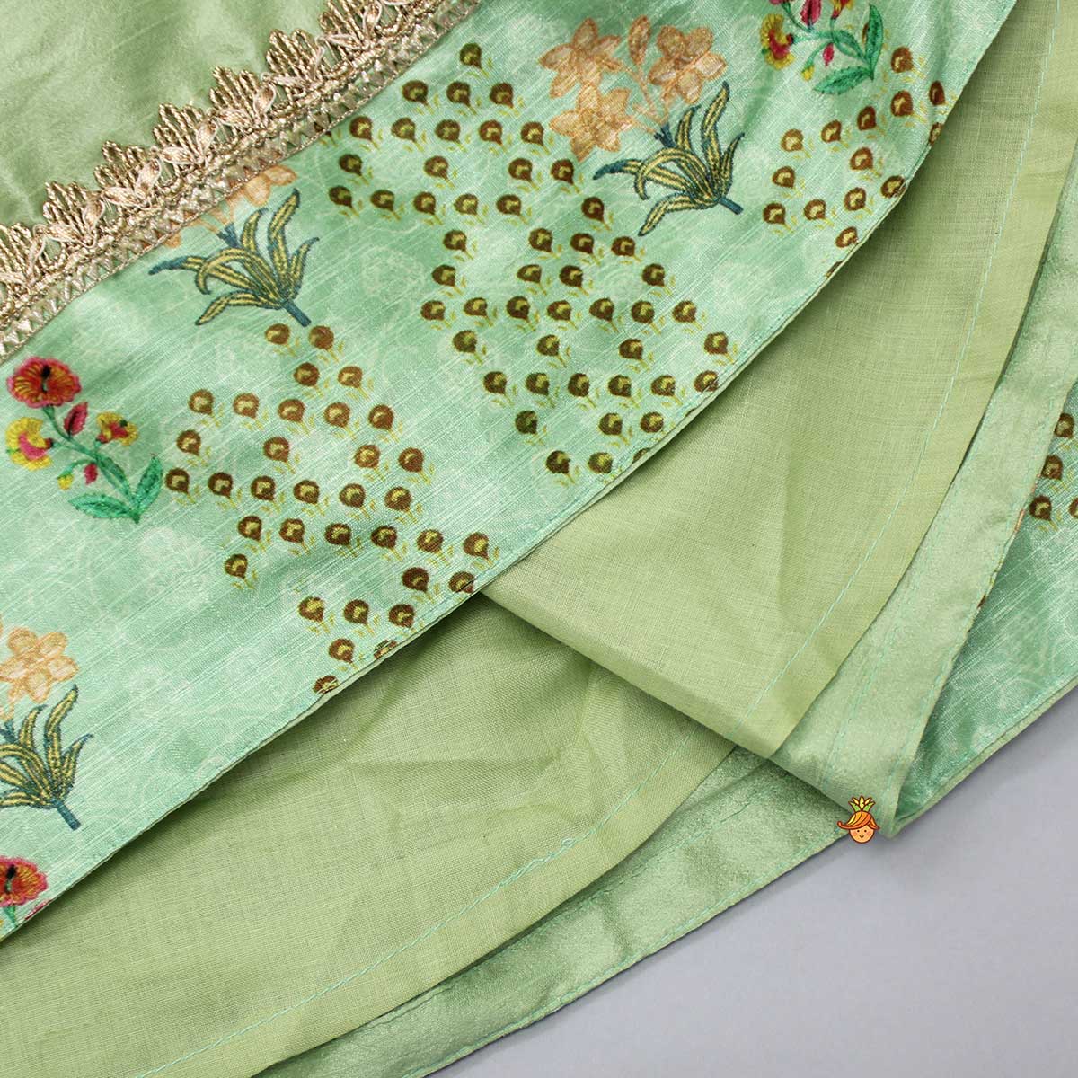 Embroidered Yoke Top And Green Lehenga With Pom Pom Lace Detail Dupatta
