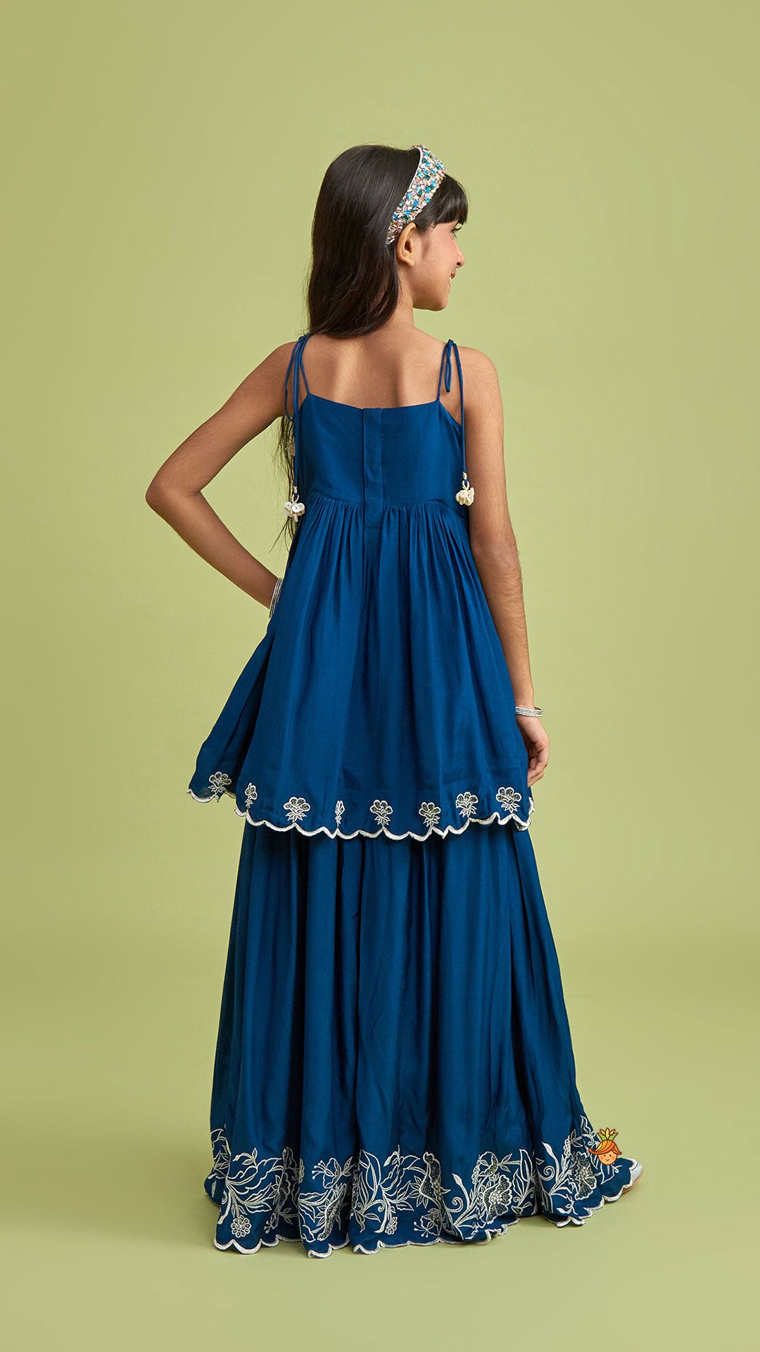 Scalloped Hem Tie Up Strappy Blue Top And Palazzo