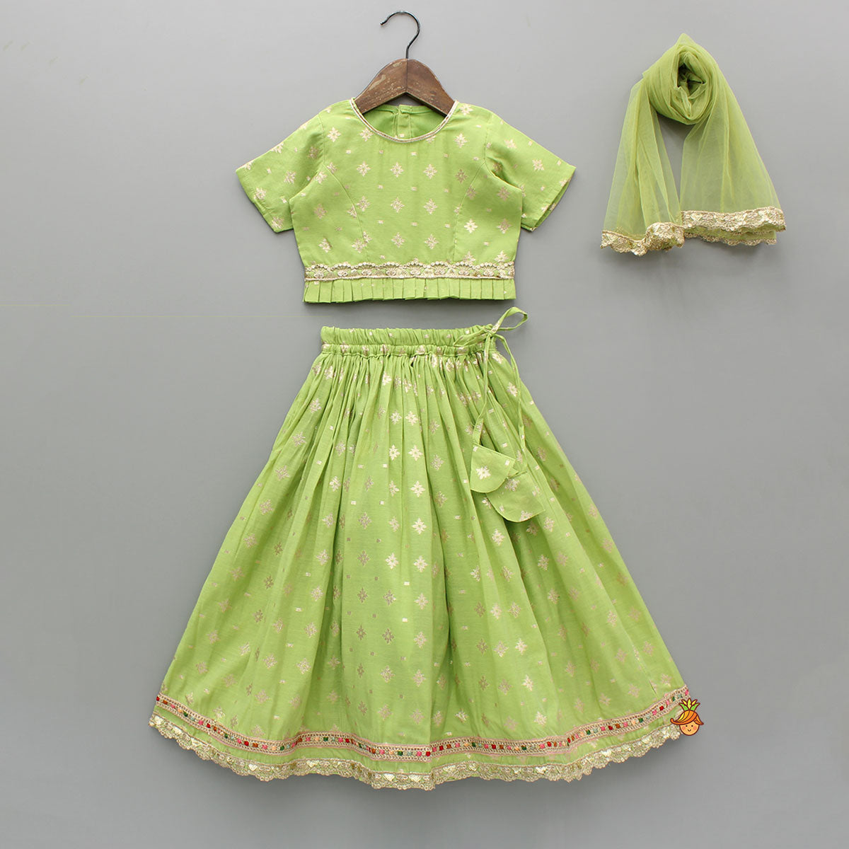 Pleated Hem Green Chanderi Embroidered Top And Lehenga With Net Dupatta