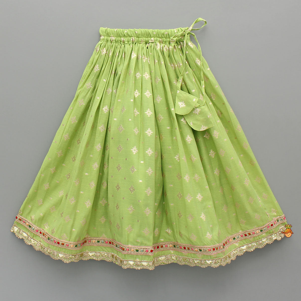 Pleated Hem Green Chanderi Embroidered Top And Lehenga With Net Dupatta