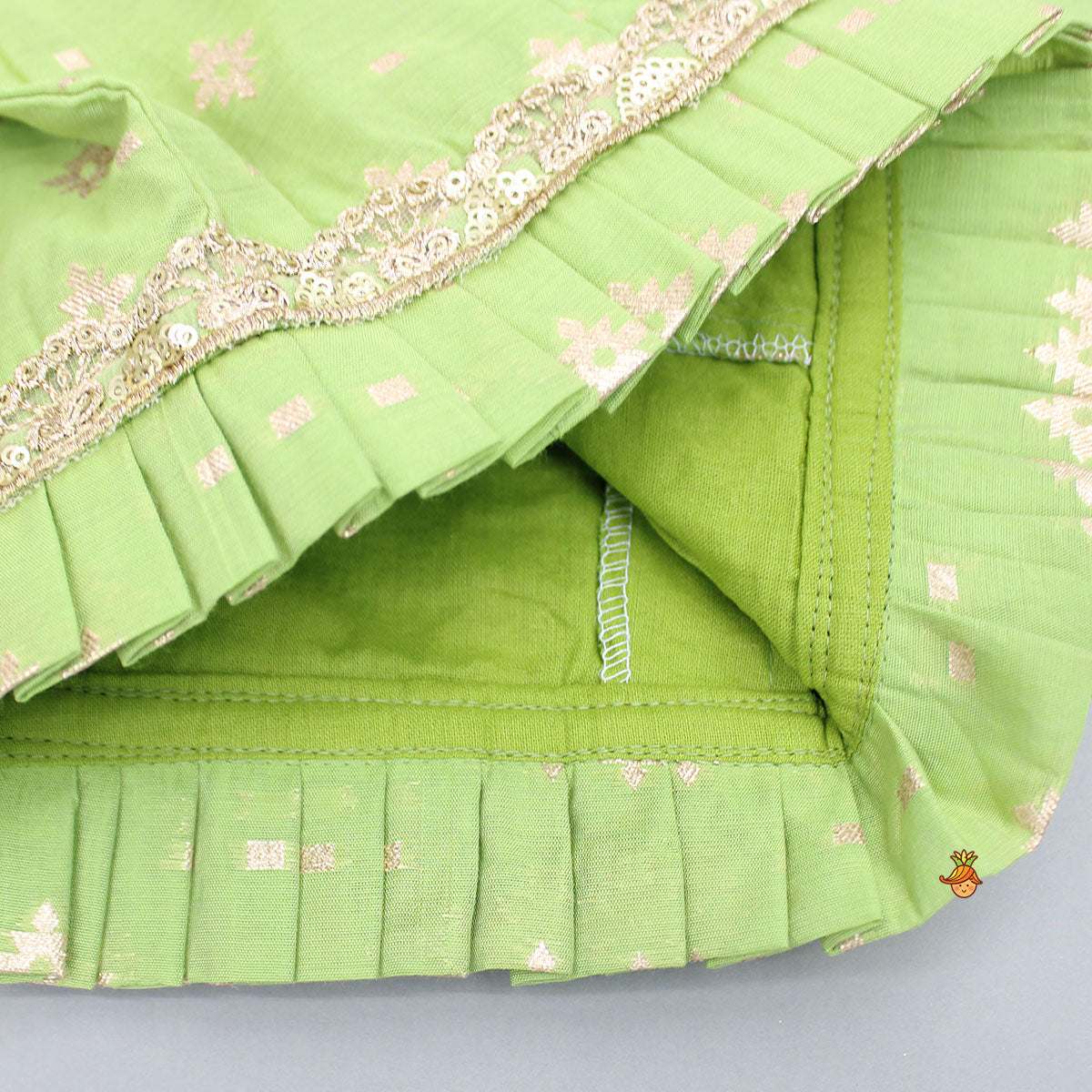 Pleated Hem Green Chanderi Embroidered Top And Lehenga With Net Dupatta