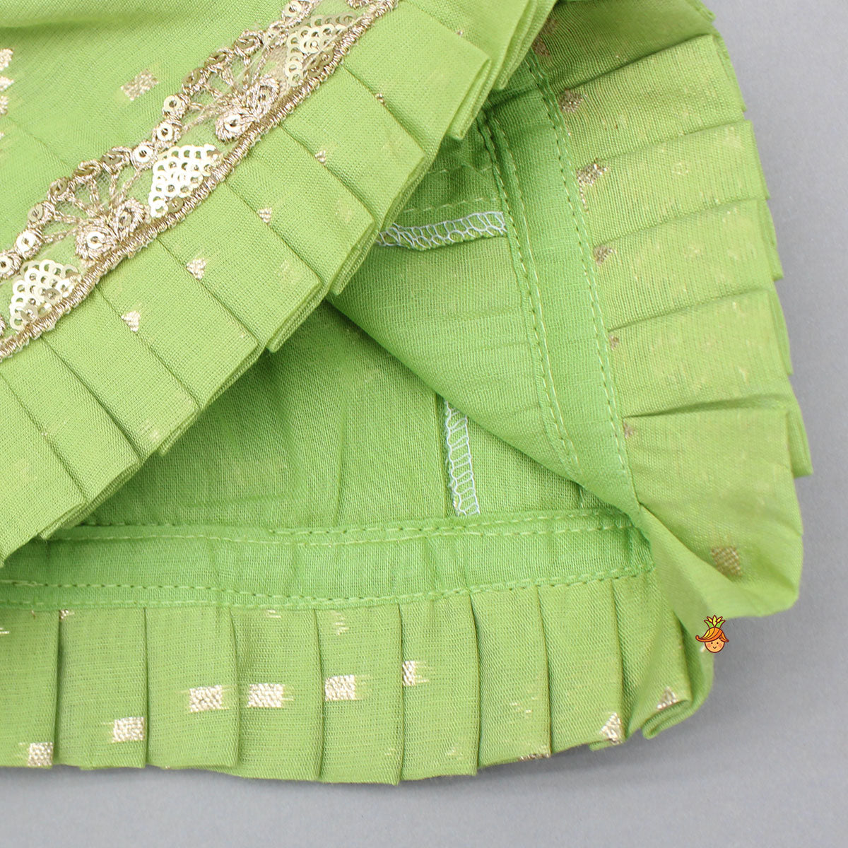 Pleated Hem Green Chanderi Embroidered Top And Lehenga With Net Dupatta