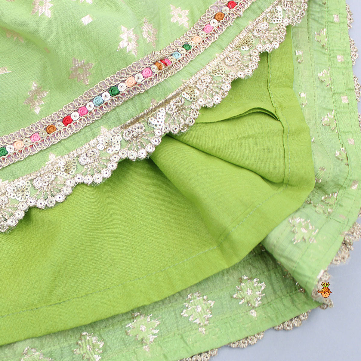 Pleated Hem Green Chanderi Embroidered Top And Lehenga With Net Dupatta