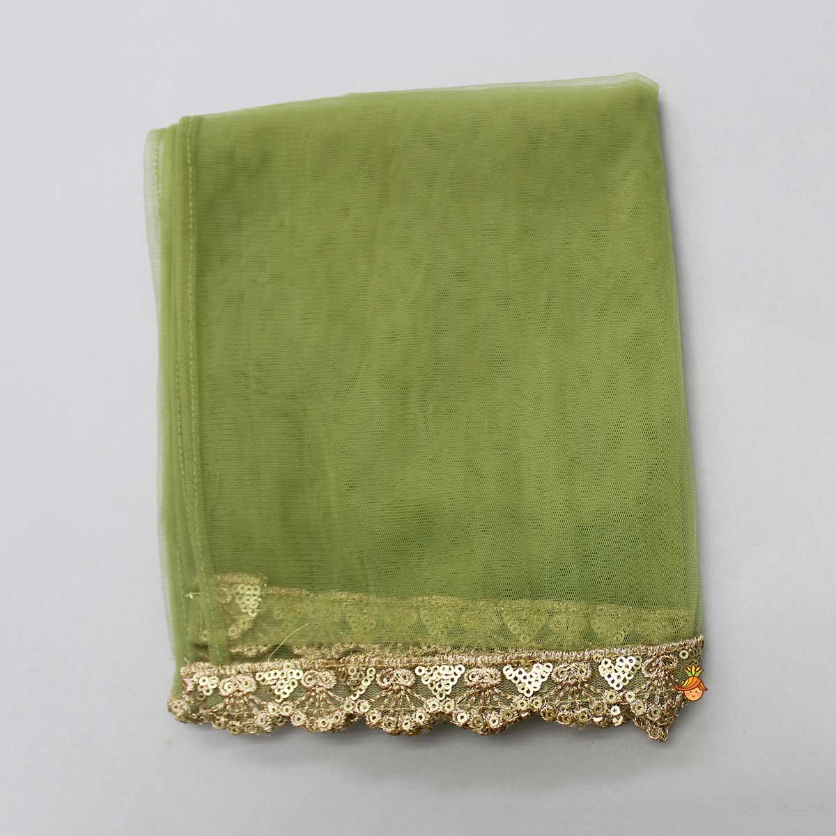 Pleated Hem Green Chanderi Embroidered Top And Lehenga With Net Dupatta
