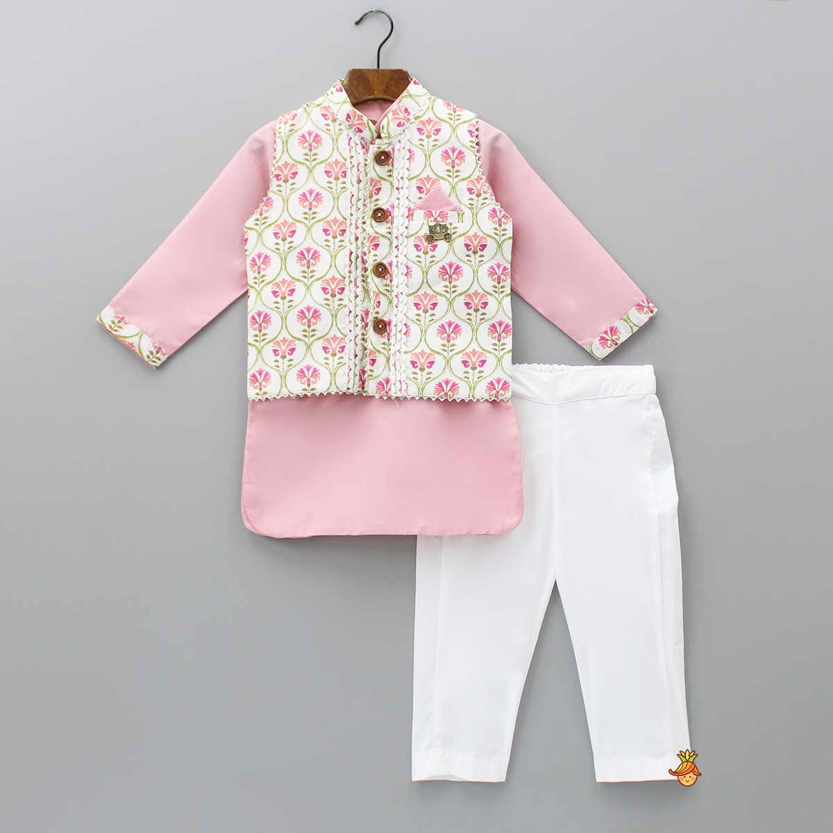 Pink Kurta And Pyjama With Floral Printed Jacket