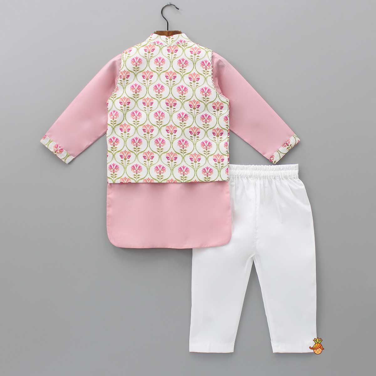Pink Kurta And Pyjama With Floral Printed Jacket