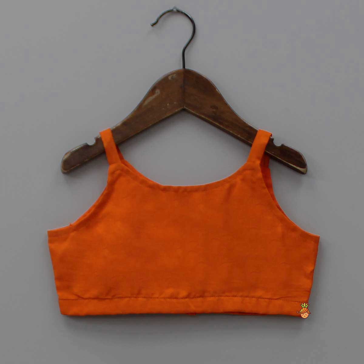 Orange Crop Top With Faux Mirror Design Jacket And Lehenga