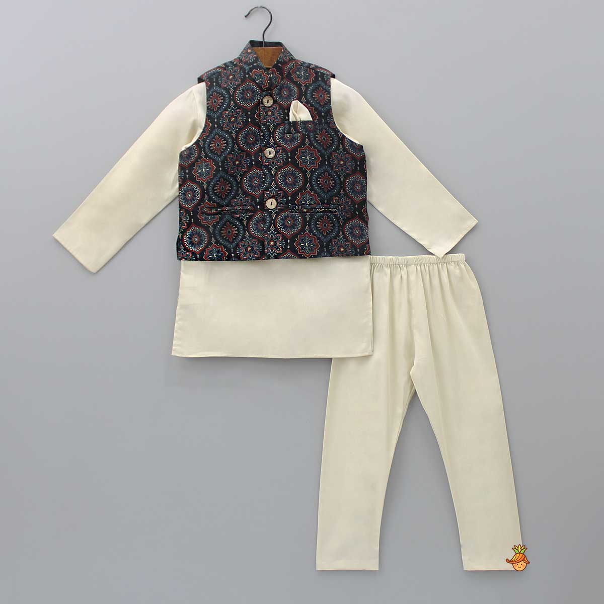 Beige Kurta With Multicolour Jacket And Pyjama