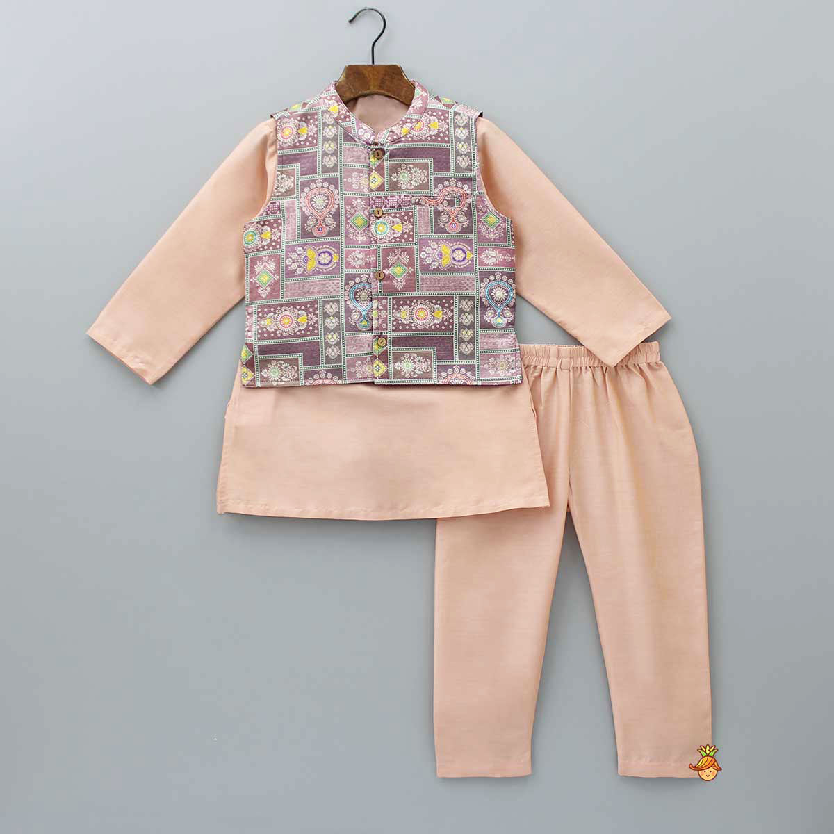 Peach Kurta With Brocade Multicolour Jacket And Pyjama