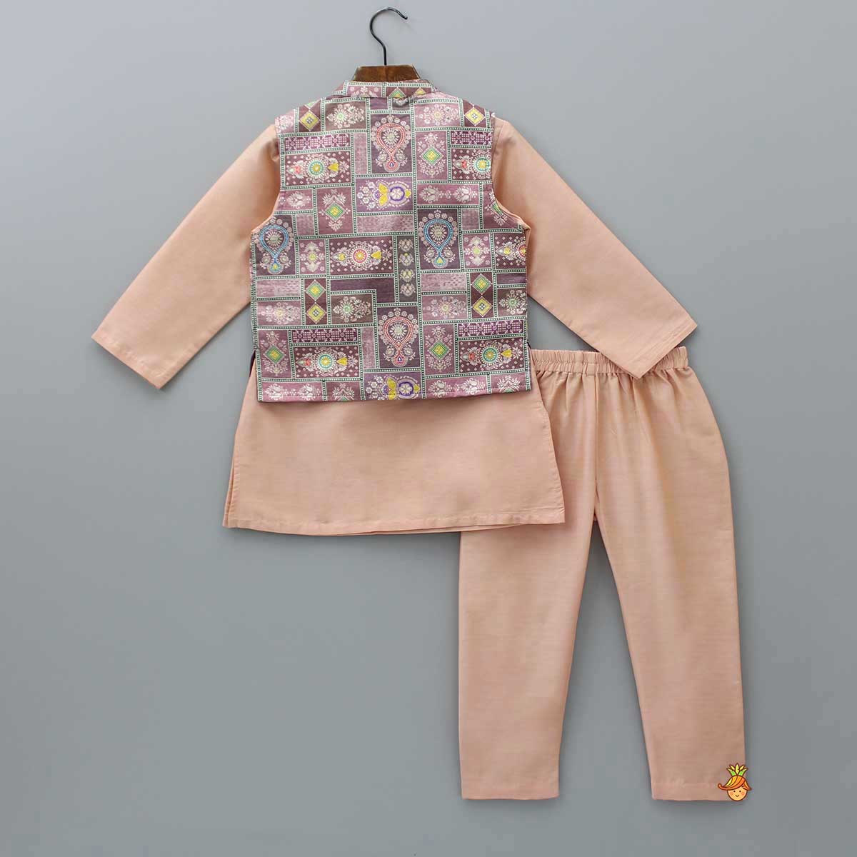 Peach Kurta With Brocade Multicolour Jacket And Pyjama