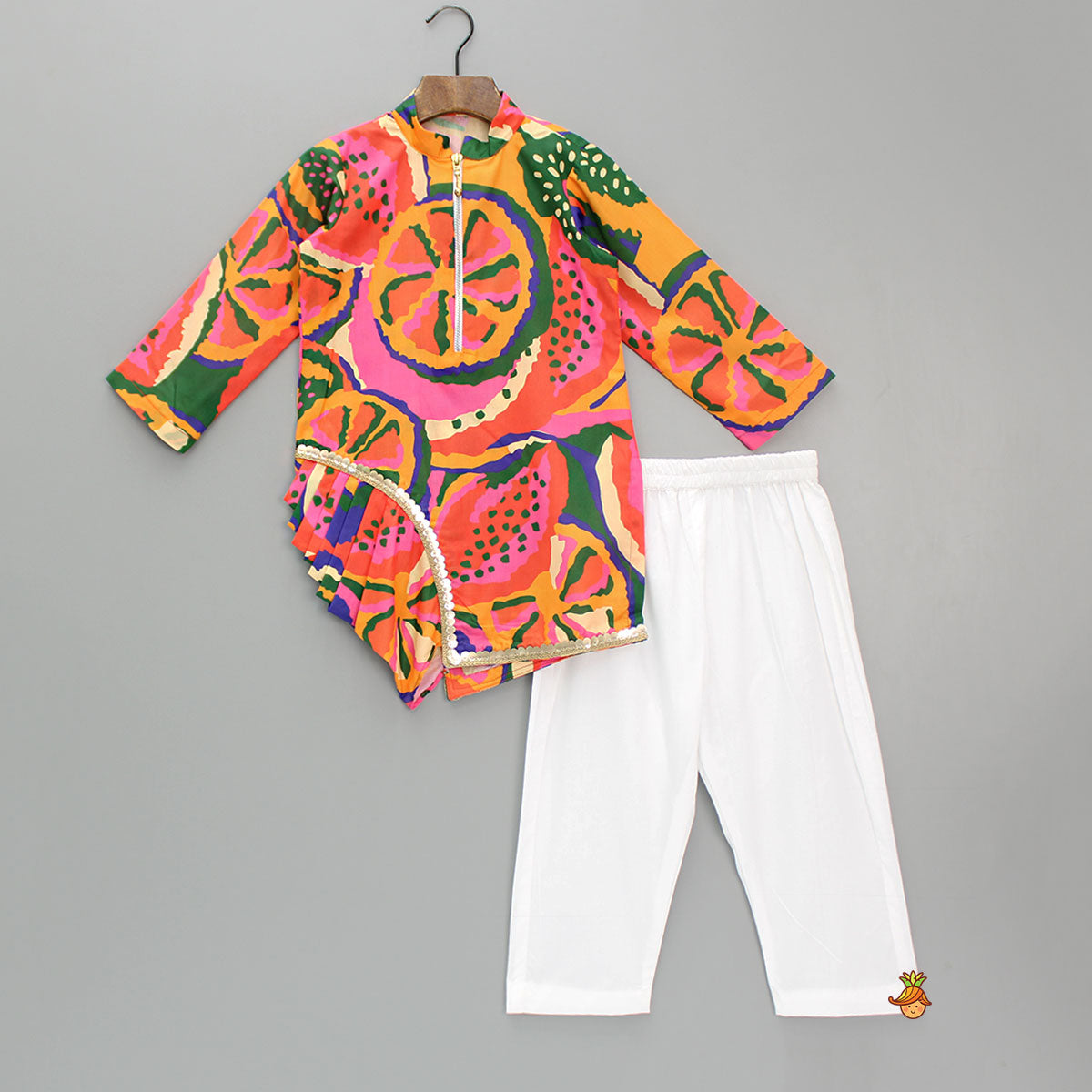 Pleated Stylish Hem Multicolour Kurta And Pyjama