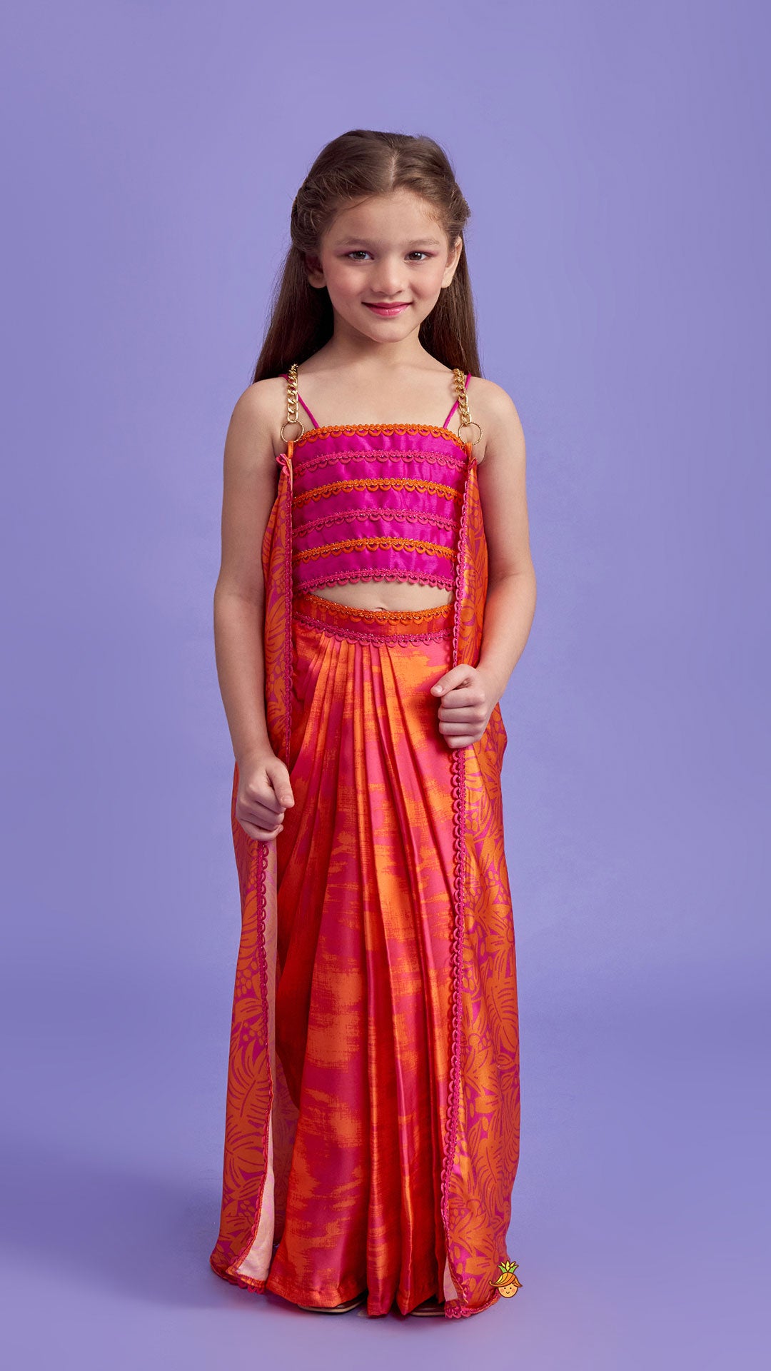 Dual-Colour Top And Stylish Dhoti Skirt With Matching Cape And Hairband