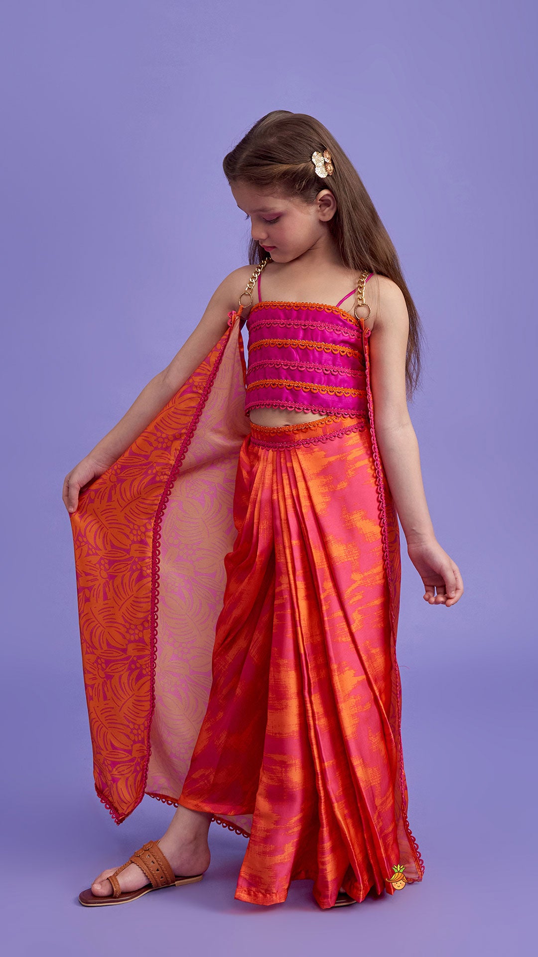 Dual-Colour Top And Stylish Dhoti Skirt With Matching Cape And Hairband