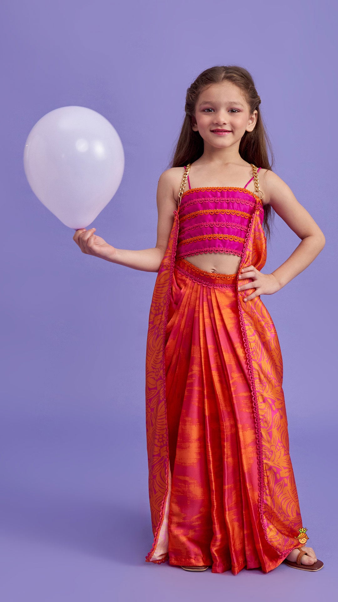 Dual-Colour Top And Stylish Dhoti Skirt With Matching Cape And Hairband