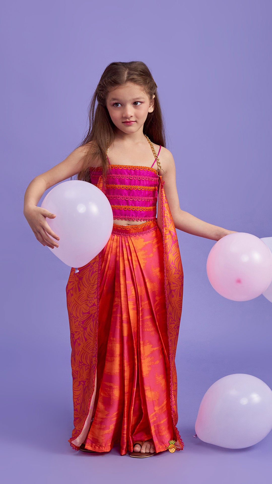 Dual-Colour Top And Stylish Dhoti Skirt With Matching Cape And Hairband