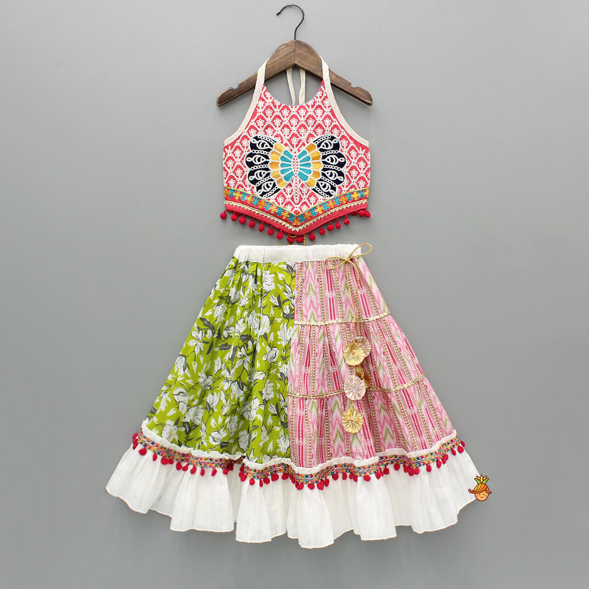 Halter Neck Thread Embroidered Top And Frilly Hem Multicolour Lehenga