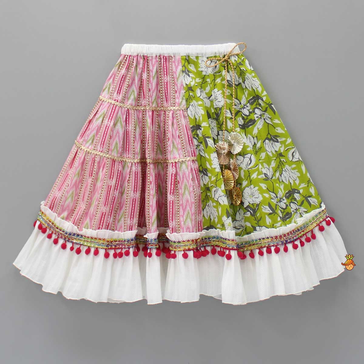Halter Neck Thread Embroidered Top And Frilly Hem Multicolour Lehenga